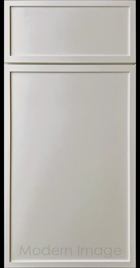 Close-up of a Grey color Arcadia shaker-style cabinet door, featuring slim stile and rail surrounding a flat center panel